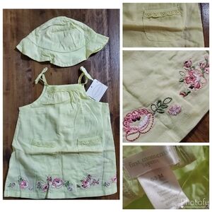 NWT First Moments Layette Baby Girl Green Floral Embroidered Dress & Bonnet Hat